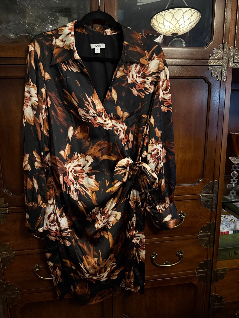 Bar III Black Floral Wrap Dress with Brown and Cream Blooms